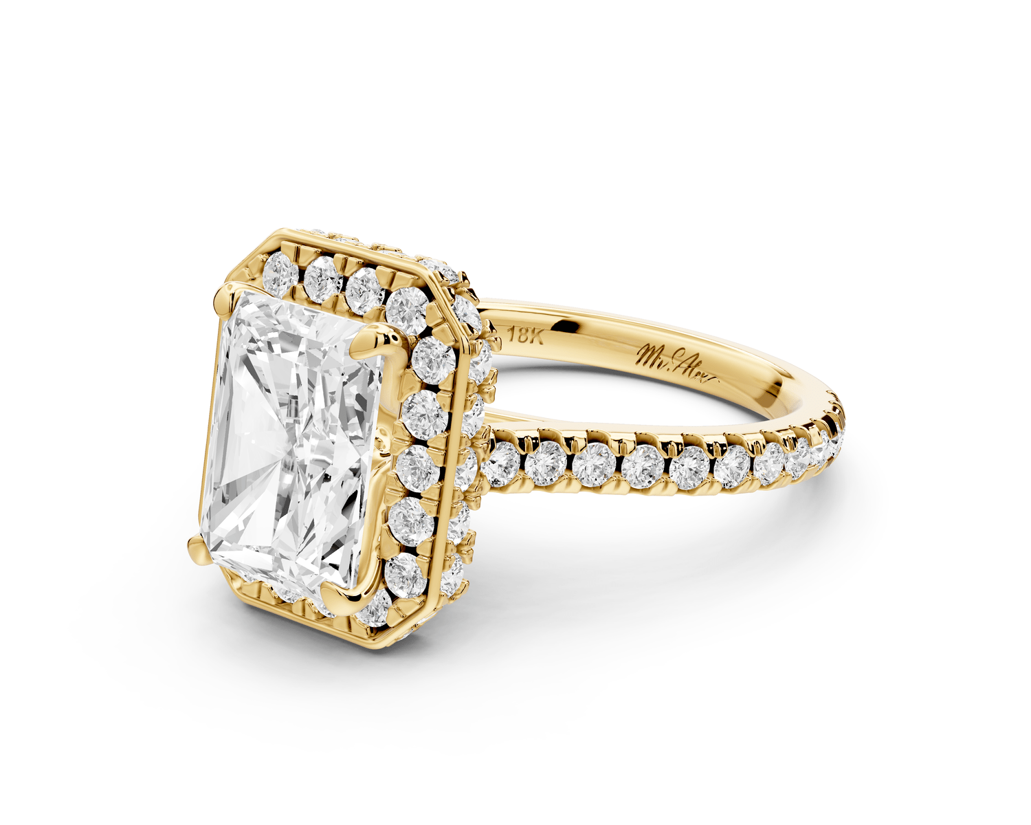 Beatrice - 3ct 18k yellow gold radiant stone in rollover halo with diamond bridge and pavé engagement ring - Mr. Alex Jewelry