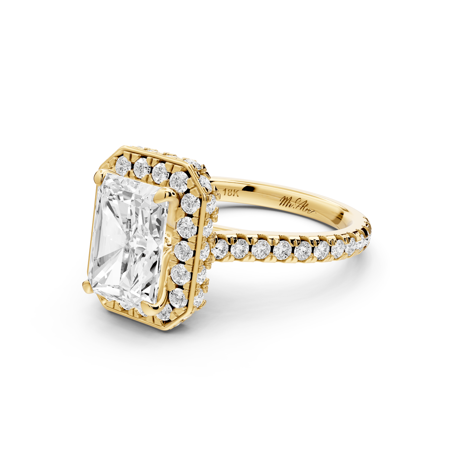 Beatrice - 3ct 18k yellow gold radiant stone in rollover halo with diamond bridge and pavé engagement ring - Mr. Alex Jewelry