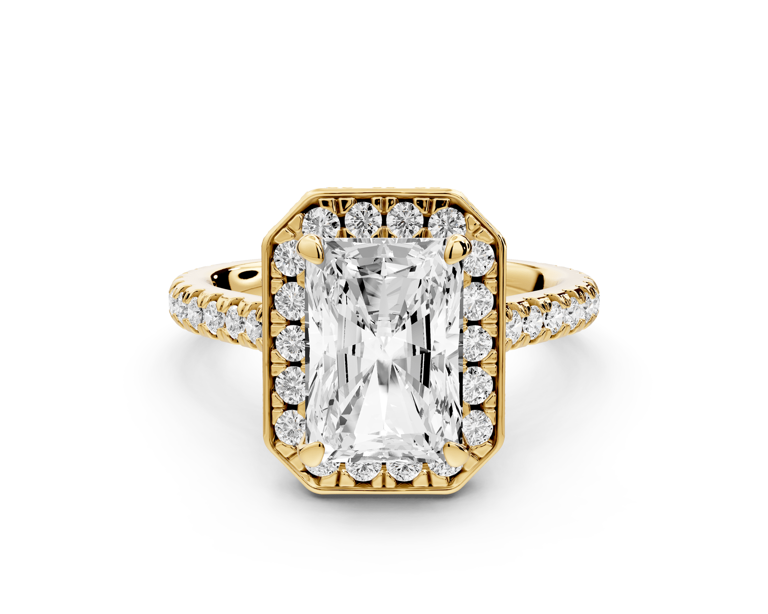 Beatrice - 3ct 18k yellow gold radiant stone in rollover halo with diamond bridge and pavé engagement ring - Mr. Alex Jewelry