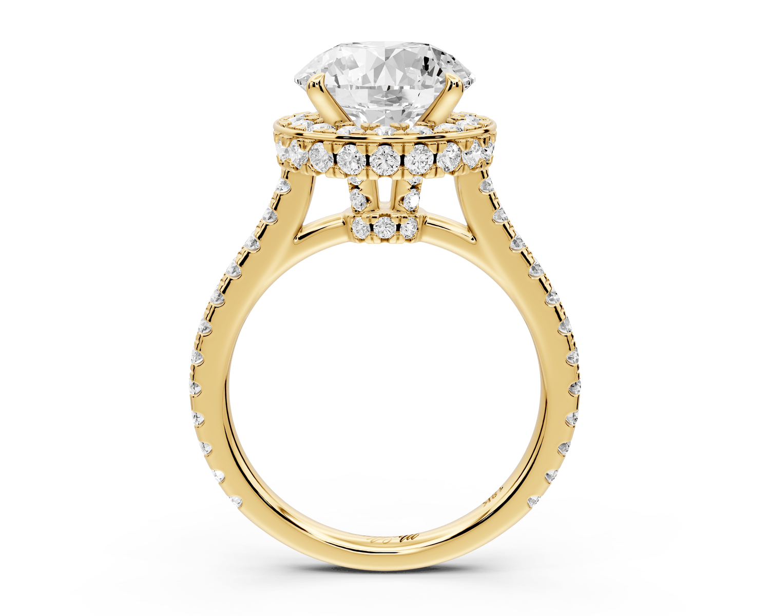 Beatrice - 3ct 18k yellow gold round stone in rollover halo with diamond bridge and pavé engagement ring - Mr. Alex Jewelry