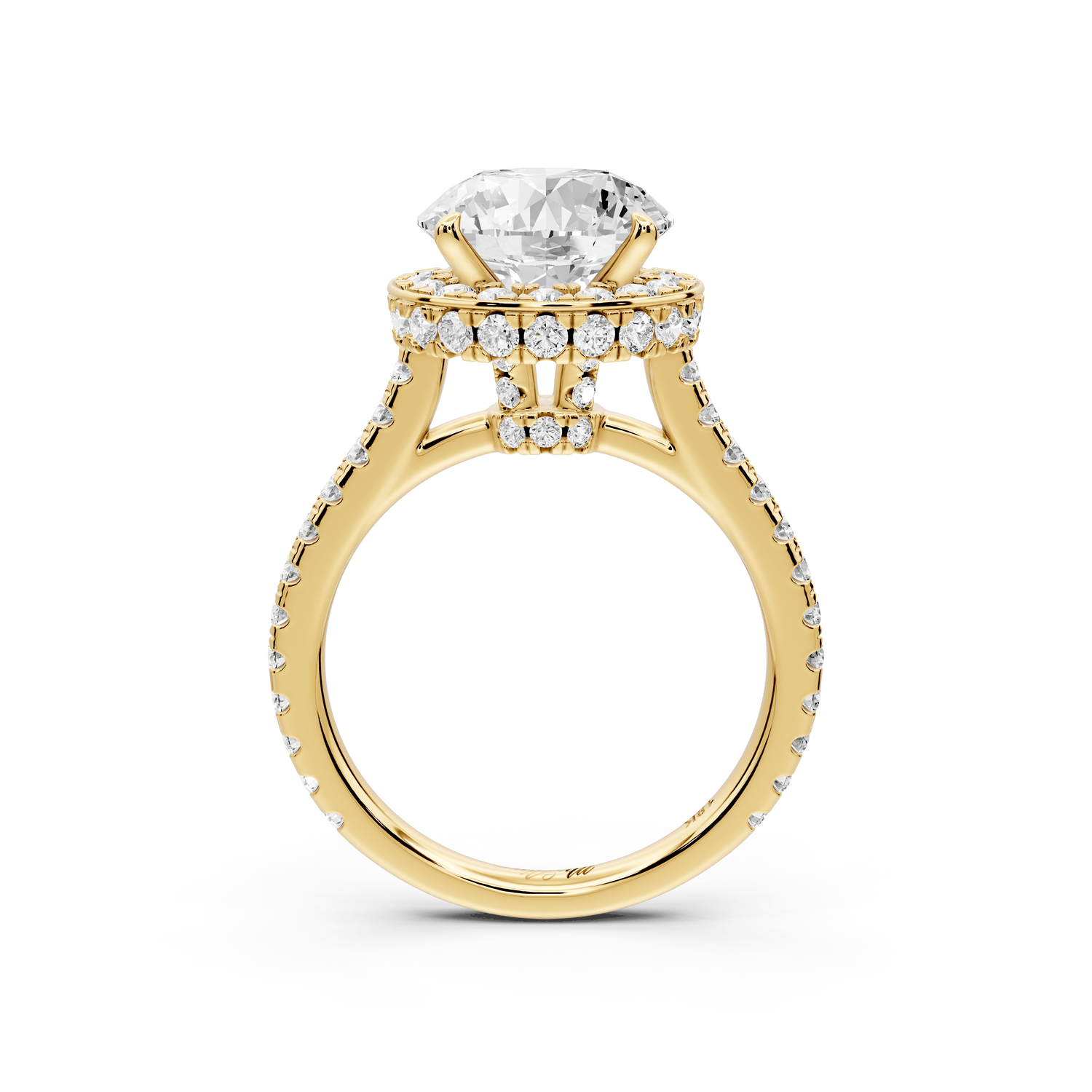Beatrice - 3ct 18k yellow gold round stone in rollover halo with diamond bridge and pavé engagement ring - Mr. Alex Jewelry