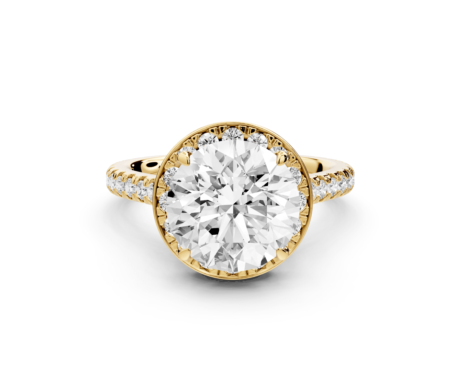 Beatrice - 3ct 18k yellow gold round stone in rollover halo with diamond bridge and pavé engagement ring - Mr. Alex Jewelry