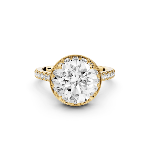 Beatrice - 3ct 18k yellow gold round stone in rollover halo with diamond bridge and pavé engagement ring - Mr. Alex Jewelry