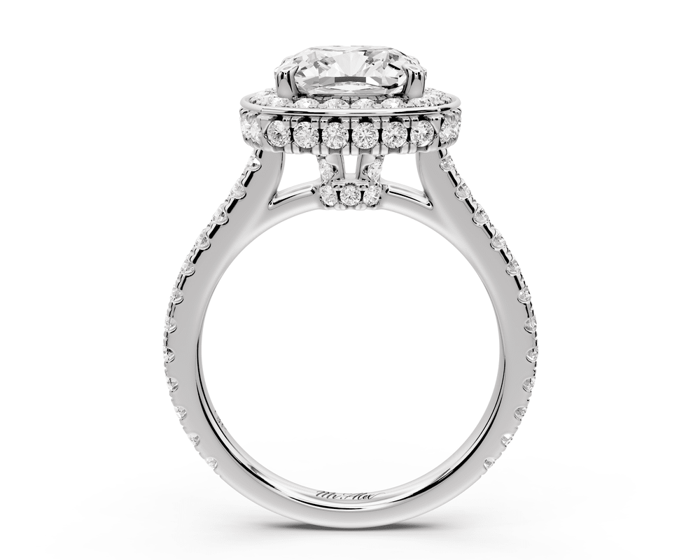 Beatrice - 3ct platinum cushion stone in rollover halo with diamond bridge and pavé engagement ring - Mr. Alex Jewelry