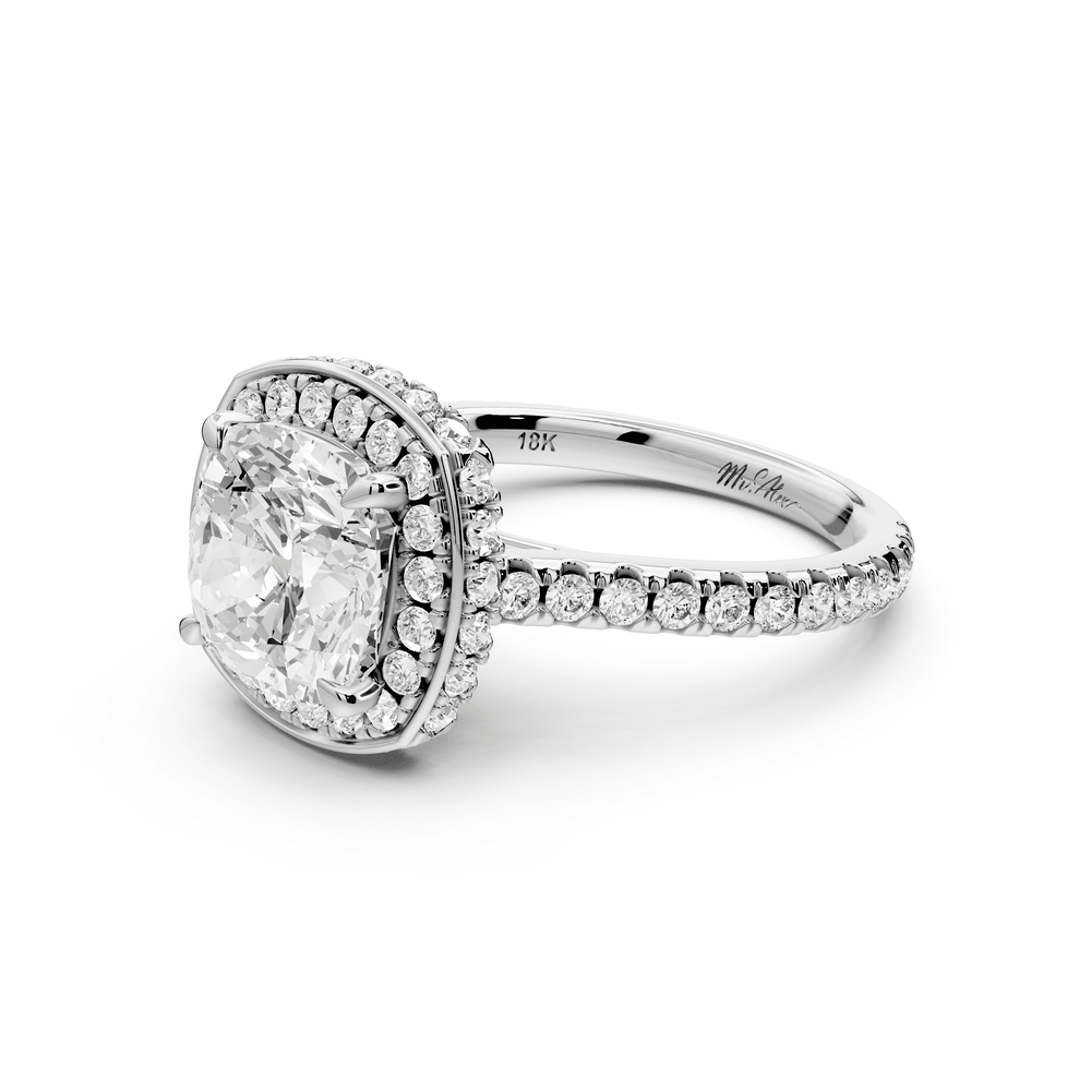 Beatrice - 3ct platinum cushion stone in rollover halo with diamond bridge and pavé engagement ring - Mr. Alex Jewelry