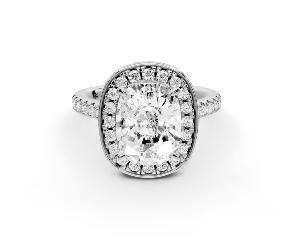 Beatrice - 3ct platinum ecushion stone in rollover halo with diamond bridge and pavé engagement ring - Mr. Alex Jewelry