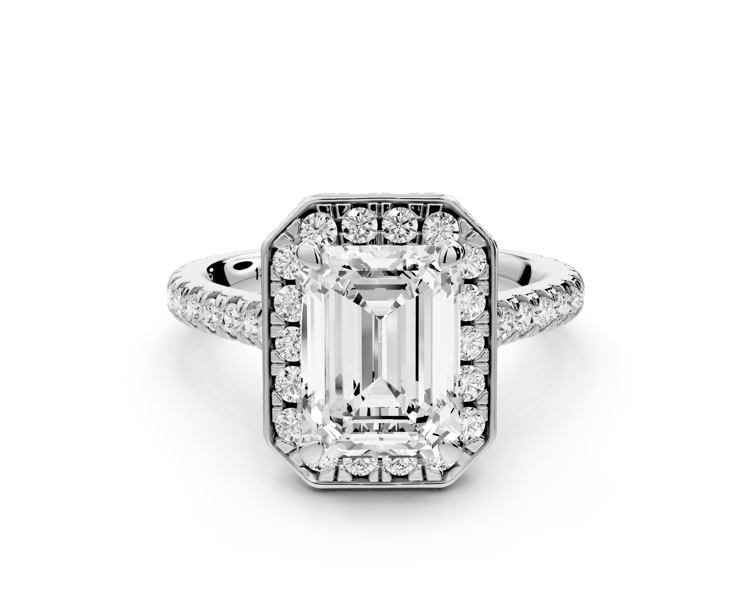 Beatrice - 3ct platinum emerald stone in rollover halo with diamond bridge and pavé engagement ring - Mr. Alex Jewelry