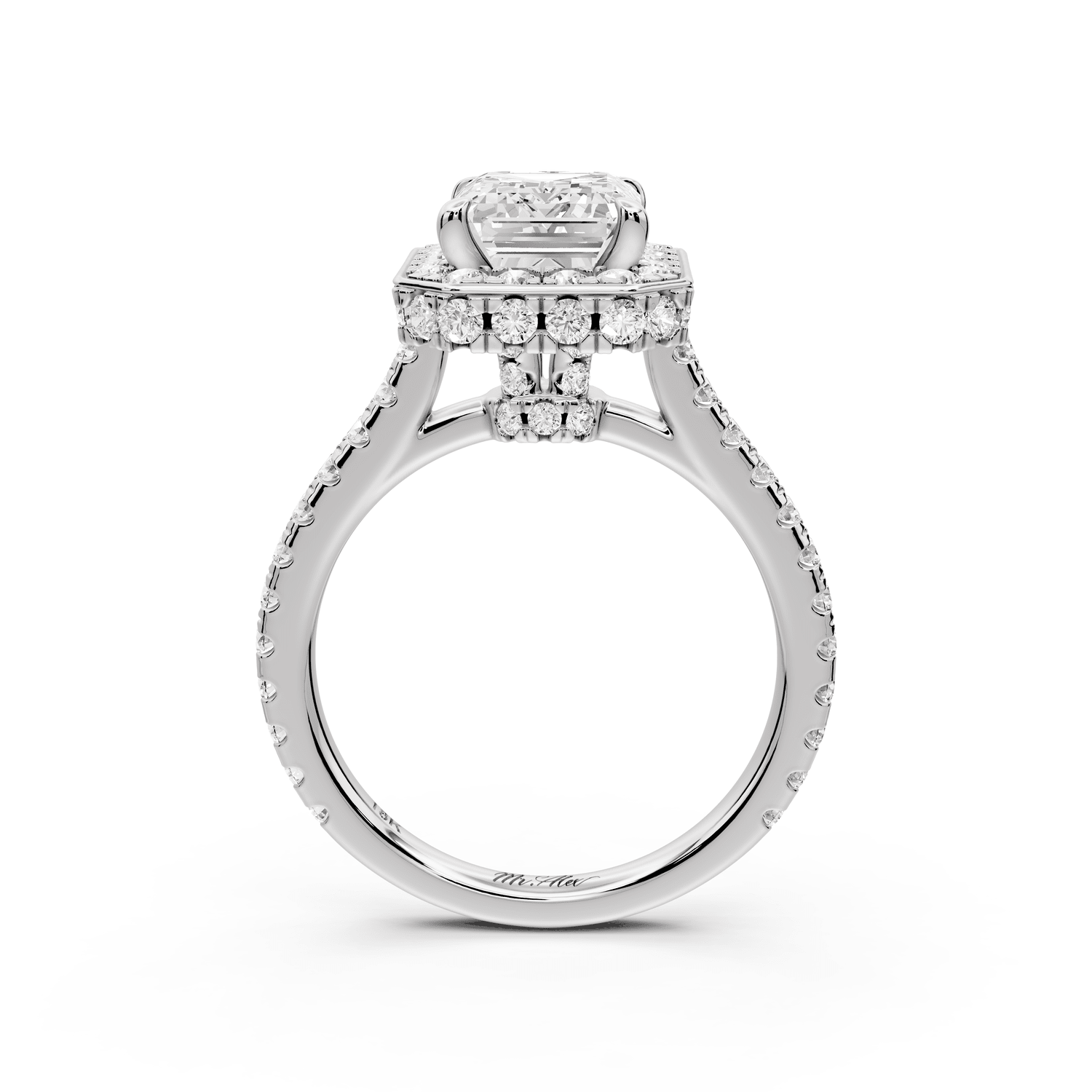 Beatrice - 3ct platinum emerald stone in rollover halo with diamond bridge and pavé engagement ring - Mr. Alex Jewelry