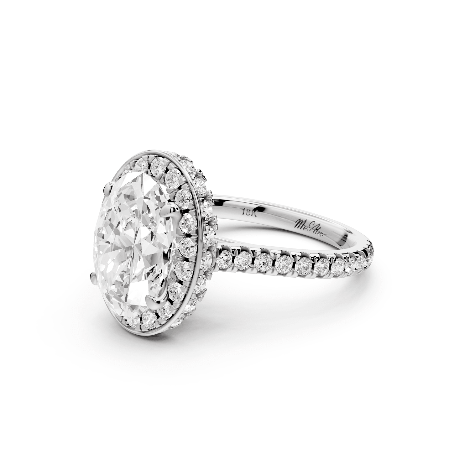 Beatrice - 3ct platinum oval stone in rollover halo with diamond bridge and pavé engagement ring - Mr. Alex Jewelry