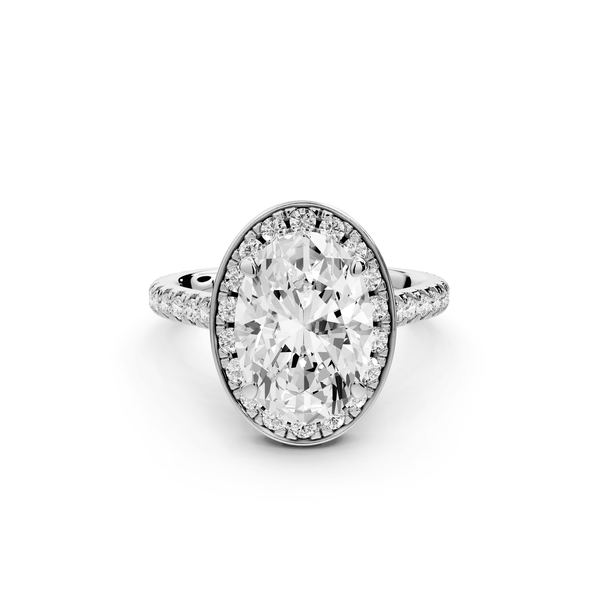 Beatrice - 3ct platinum oval stone in rollover halo with diamond bridge and pavé engagement ring - Mr. Alex Jewelry