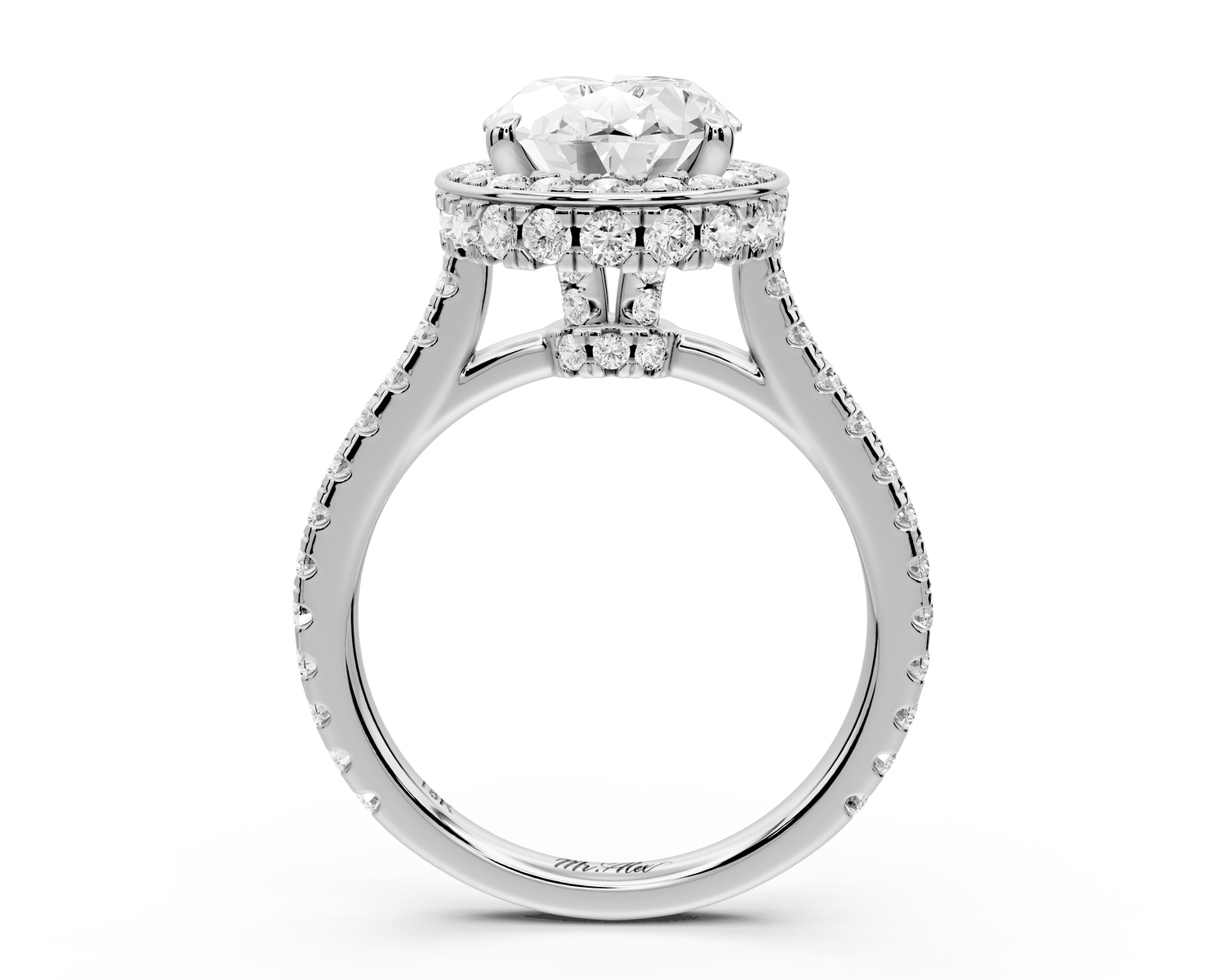 Beatrice - 3ct platinum oval stone in rollover halo with diamond bridge and pavé engagement ring - Mr. Alex Jewelry