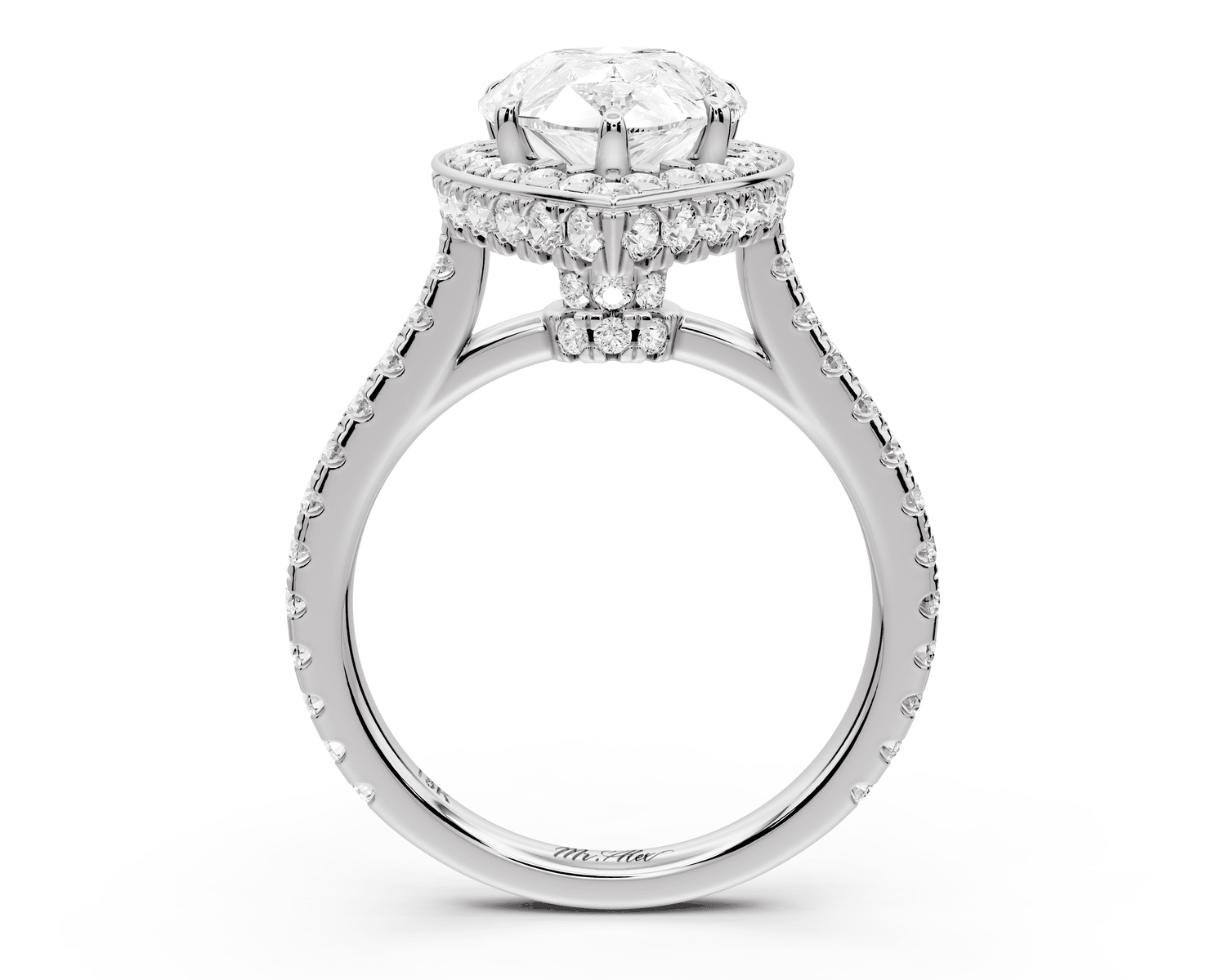 Beatrice - 3ct platinum pear stone in rollover halo with diamond bridge and pavé engagement ring - Mr. Alex Jewelry