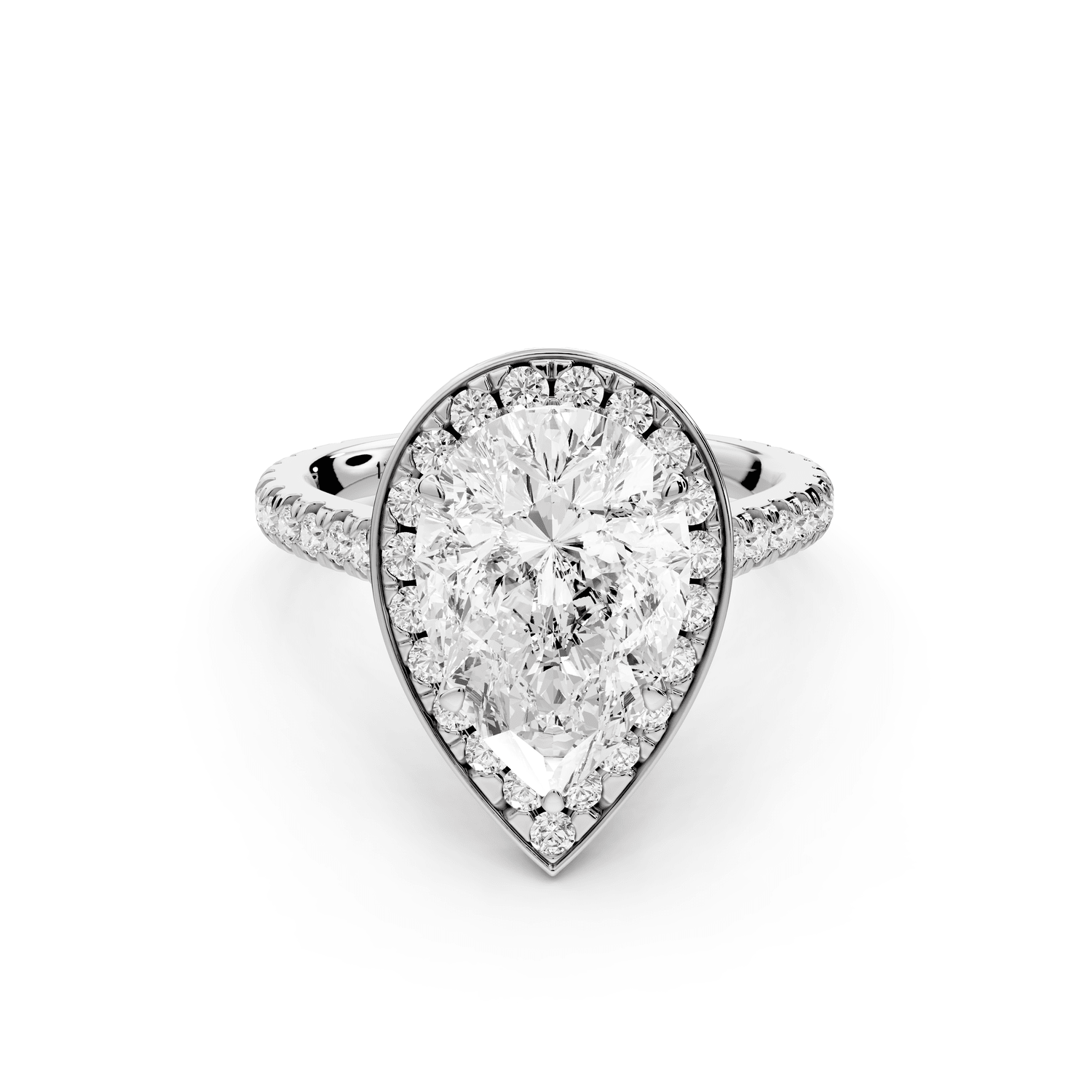 Beatrice - 3ct platinum pear stone in rollover halo with diamond bridge and pavé engagement ring - Mr. Alex Jewelry
