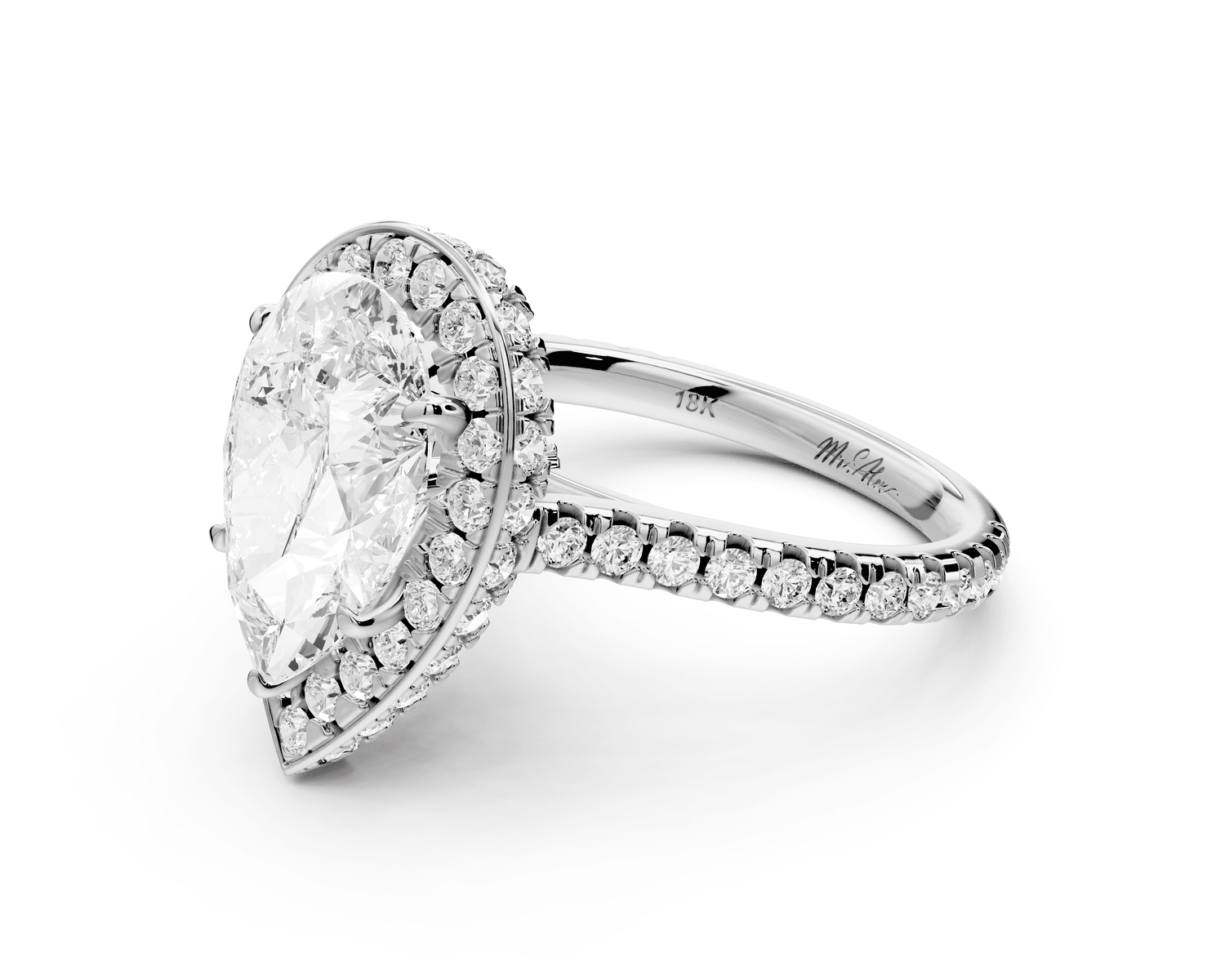 Beatrice - 3ct platinum pear stone in rollover halo with diamond bridge and pavé engagement ring - Mr. Alex Jewelry