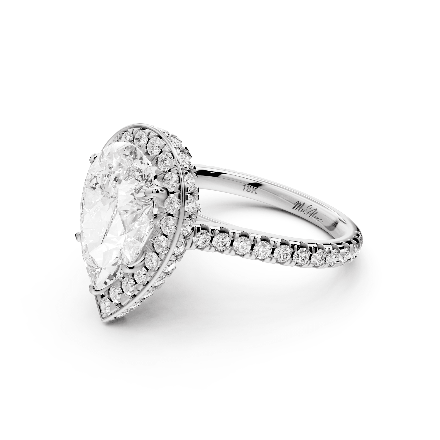Beatrice - 3ct platinum pear stone in rollover halo with diamond bridge and pavé engagement ring - Mr. Alex Jewelry