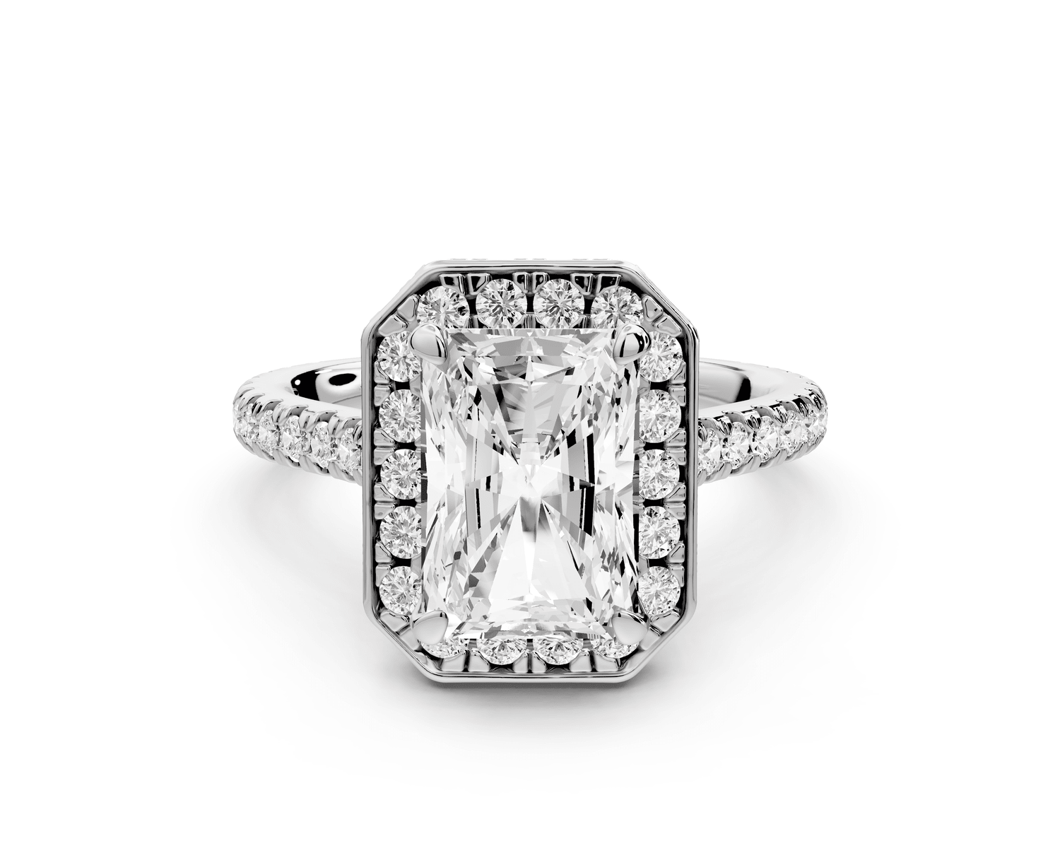 Beatrice - 3ct platinum radiant stone in rollover halo with diamond bridge and pavé engagement ring - Mr. Alex Jewelry