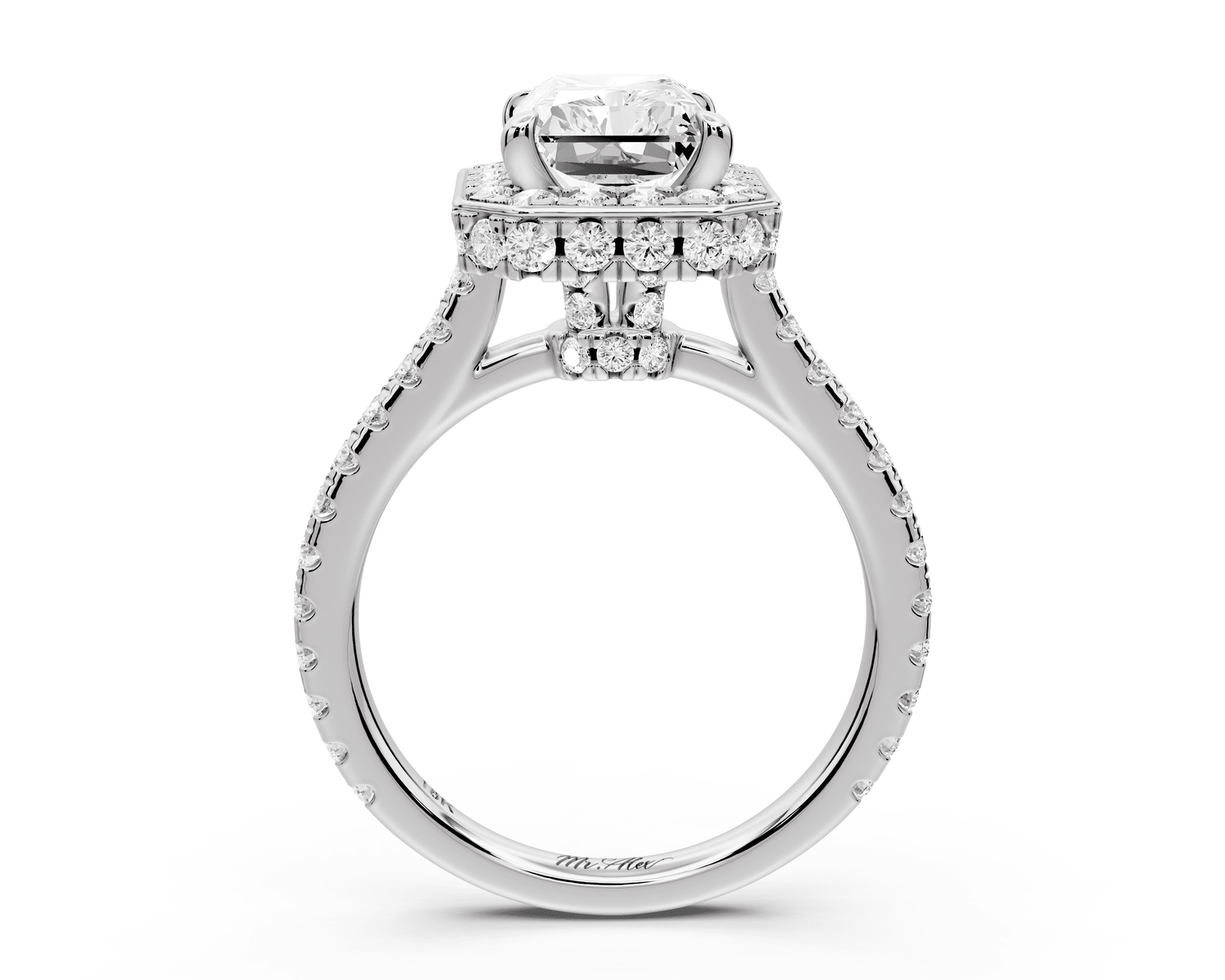 Beatrice - 3ct platinum radiant stone in rollover halo with diamond bridge and pavé engagement ring - Mr. Alex Jewelry