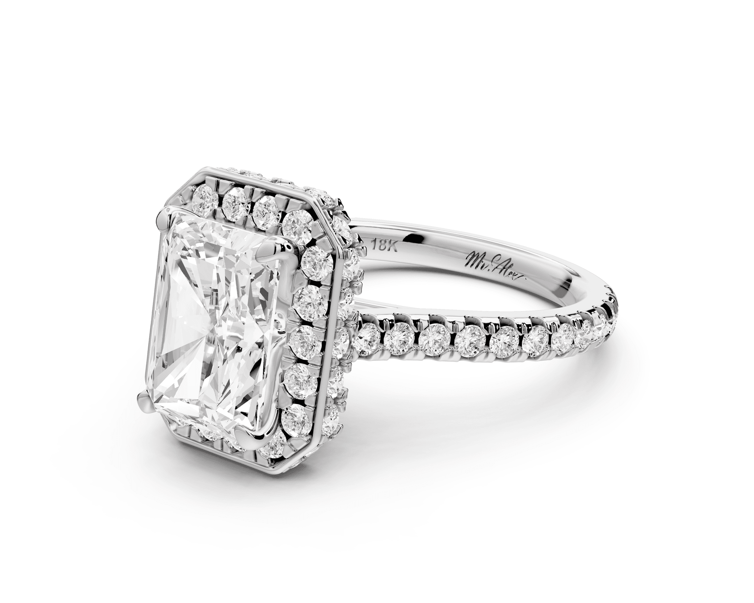 Beatrice - 3ct platinum radiant stone in rollover halo with diamond bridge and pavé engagement ring - Mr. Alex Jewelry