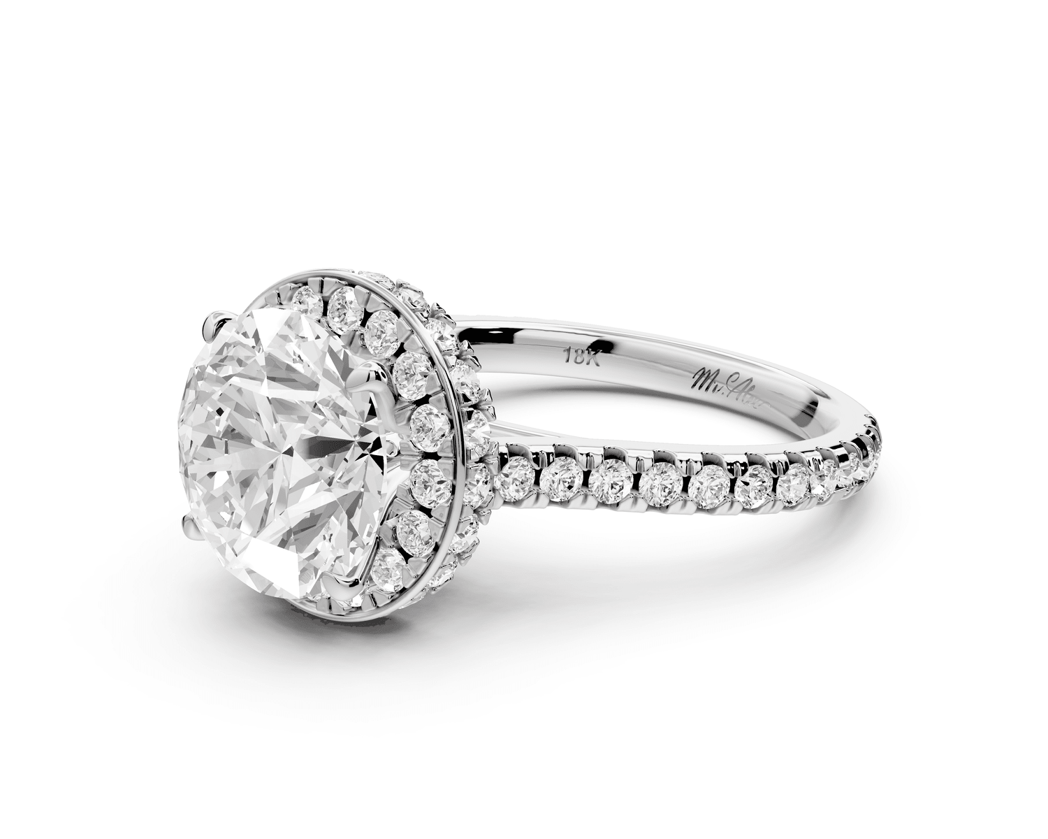Beatrice - 3ct platinum round stone in rollover halo with diamond bridge and pavé engagement ring - Mr. Alex Jewelry