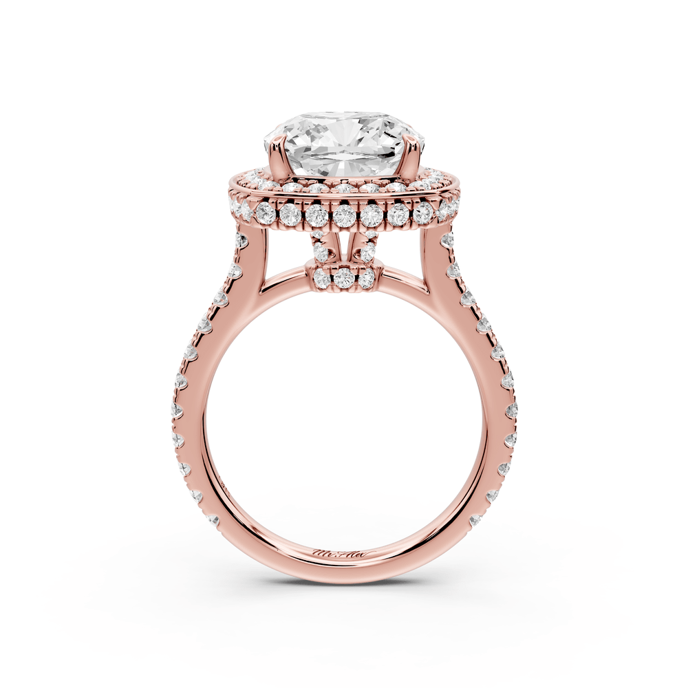 Beatrice - 4ct 14k rose gold cushion stone in rollover halo with diamond bridge and pavé engagement ring - Mr. Alex Jewelry