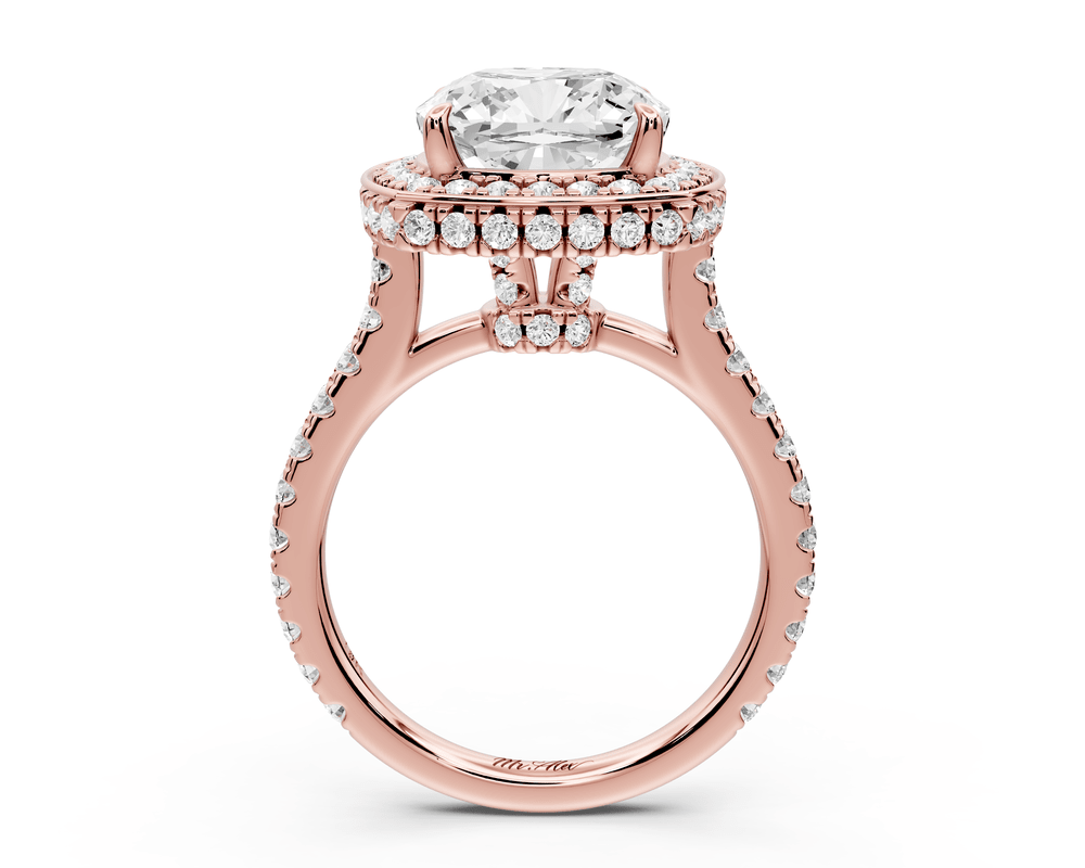 Beatrice - 4ct 14k rose gold cushion stone in rollover halo with diamond bridge and pavé engagement ring - Mr. Alex Jewelry