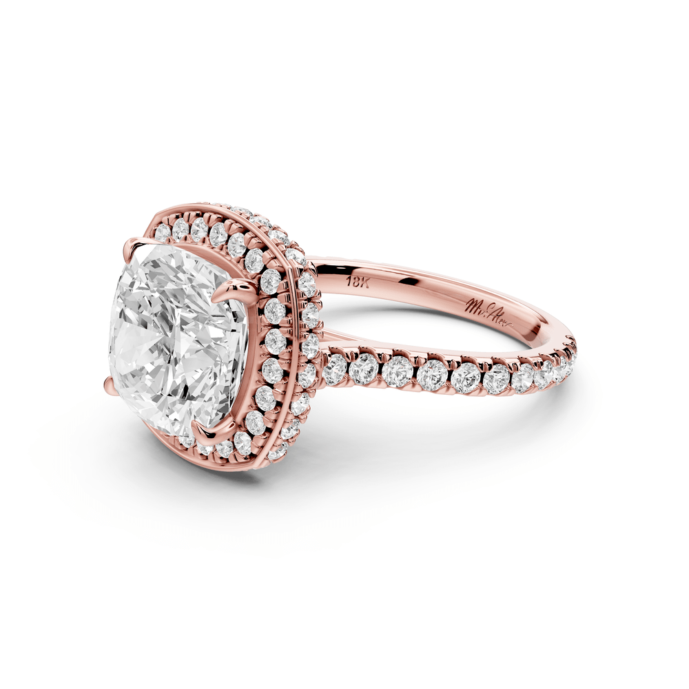 Beatrice - 4ct 14k rose gold cushion stone in rollover halo with diamond bridge and pavé engagement ring - Mr. Alex Jewelry