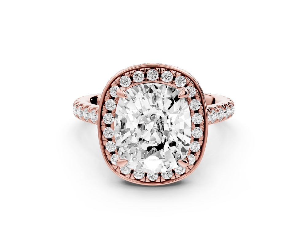 Beatrice - 4ct 14k rose gold ecushion stone in rollover halo with diamond bridge and pavé engagement ring - Mr. Alex Jewelry