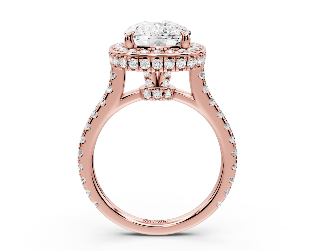 Beatrice - 4ct 14k rose gold ecushion stone in rollover halo with diamond bridge and pavé engagement ring - Mr. Alex Jewelry