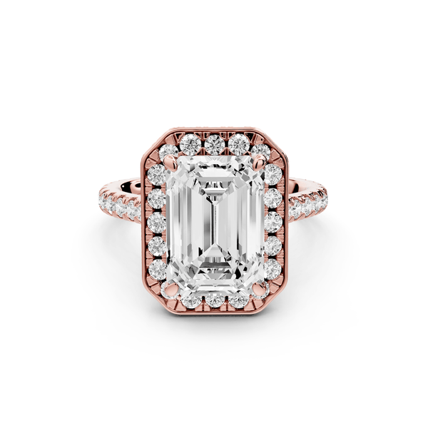 Beatrice - 4ct 14k rose gold emerald stone in rollover halo with diamond bridge and pavé engagement ring - Mr. Alex Jewelry