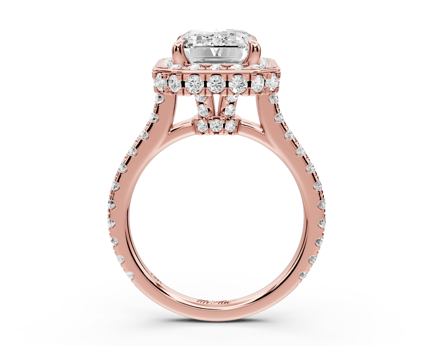 Beatrice - 4ct 14k rose gold emerald stone in rollover halo with diamond bridge and pavé engagement ring - Mr. Alex Jewelry