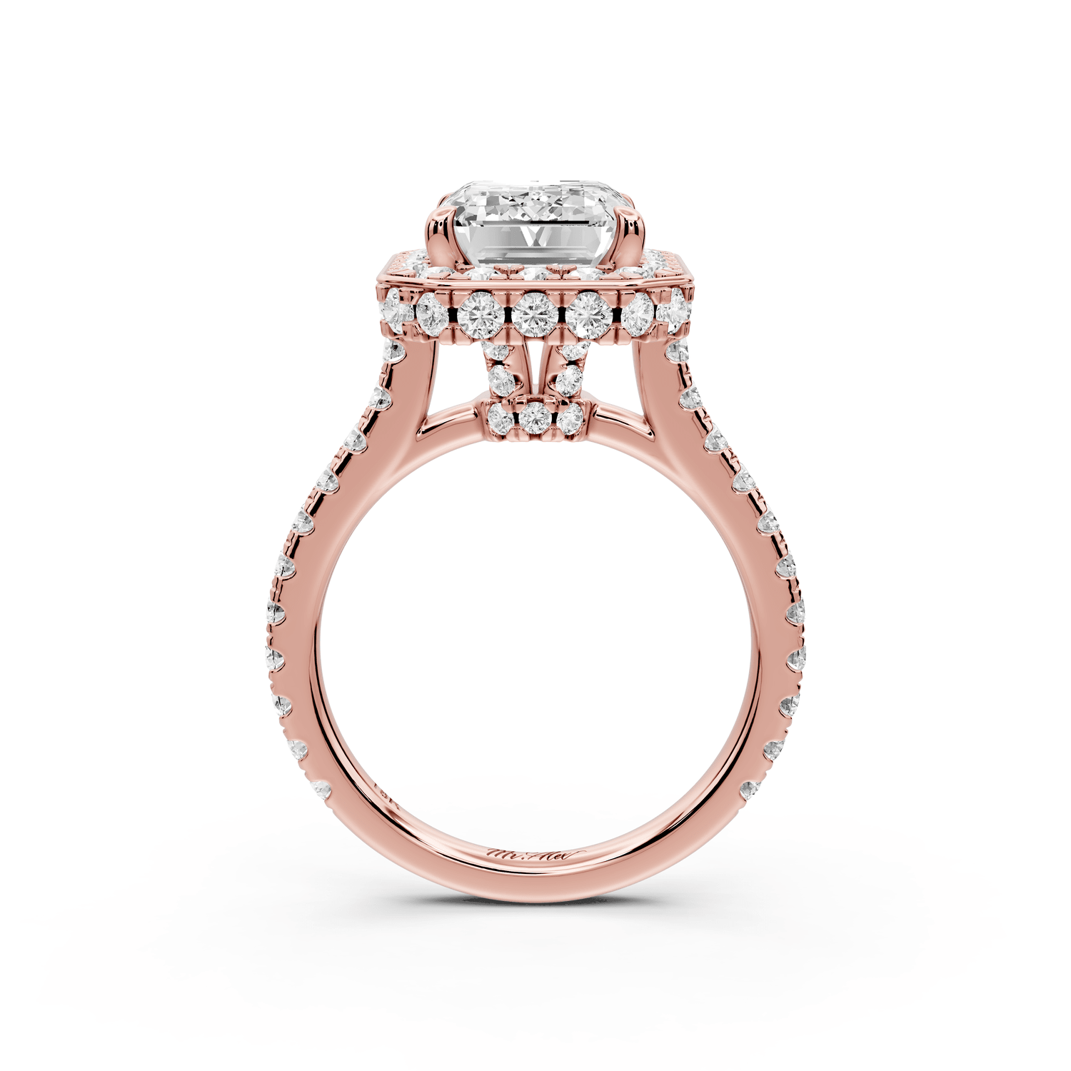 Beatrice - 4ct 14k rose gold emerald stone in rollover halo with diamond bridge and pavé engagement ring - Mr. Alex Jewelry