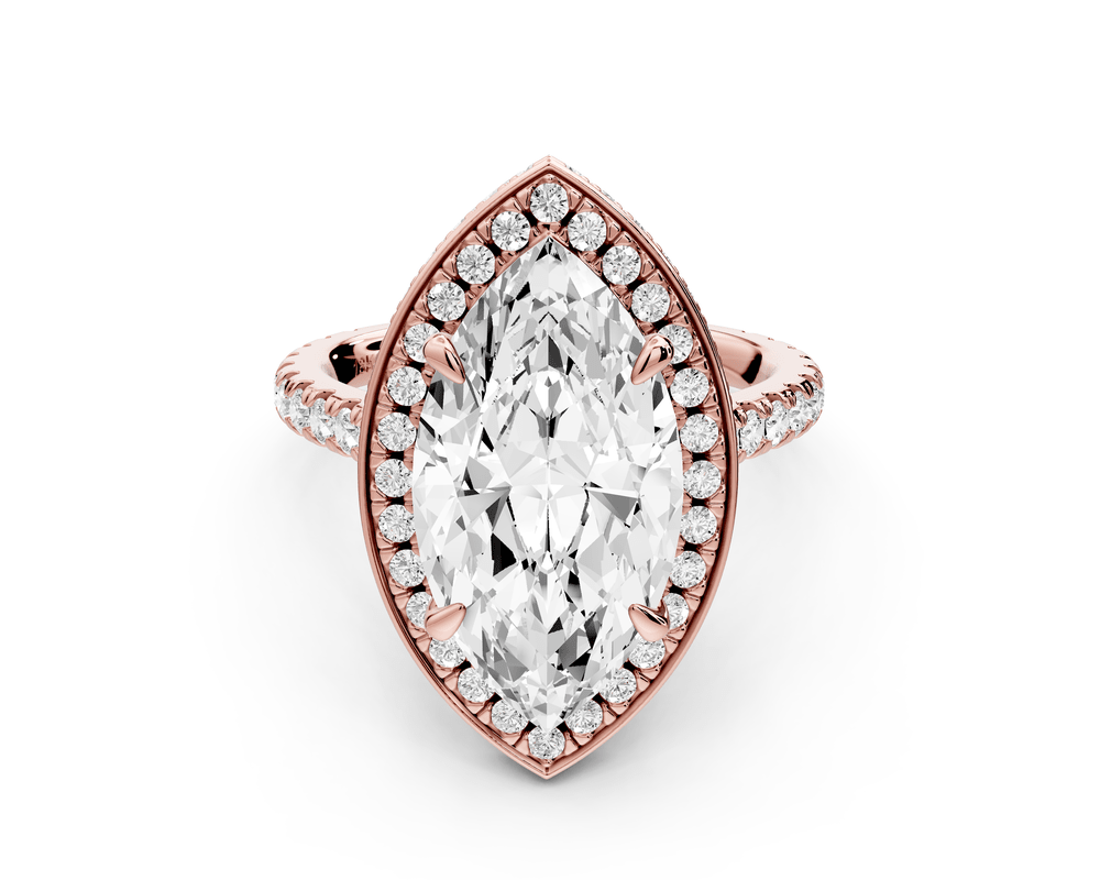 Beatrice - 4ct 14k rose gold marquise stone in rollover halo with diamond bridge and pavé engagement ring - Mr. Alex Jewelry