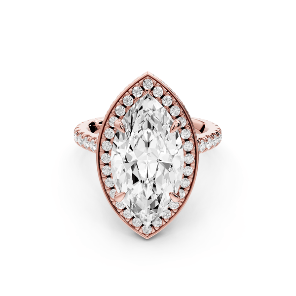 Beatrice - 4ct 14k rose gold marquise stone in rollover halo with diamond bridge and pavé engagement ring - Mr. Alex Jewelry