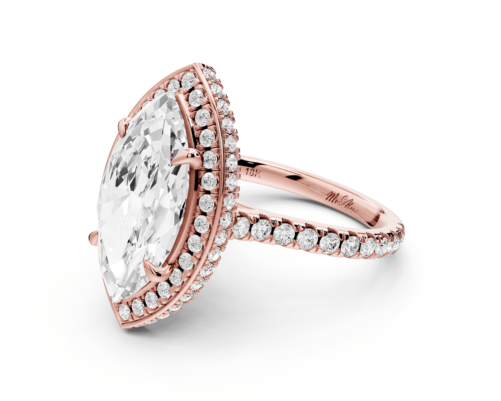 Beatrice - 4ct 14k rose gold marquise stone in rollover halo with diamond bridge and pavé engagement ring - Mr. Alex Jewelry