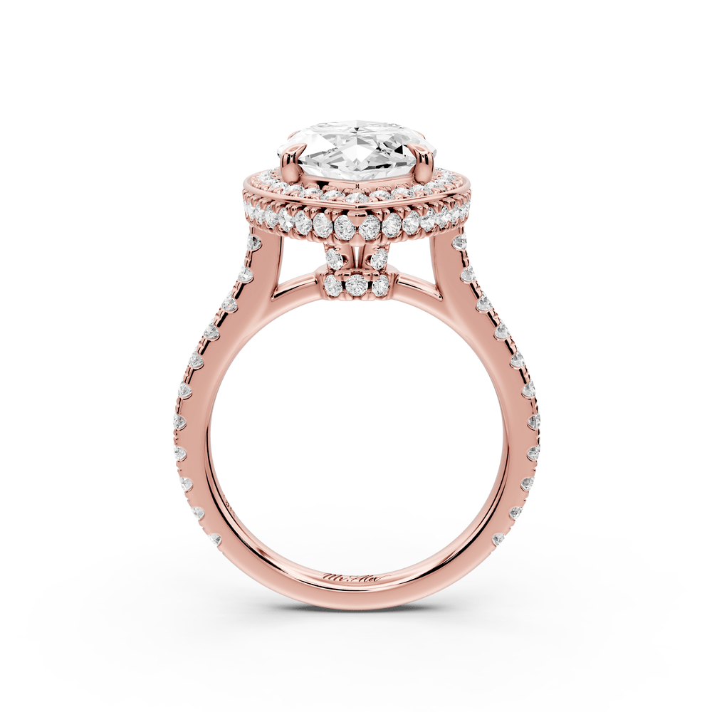 Beatrice - 4ct 14k rose gold marquise stone in rollover halo with diamond bridge and pavé engagement ring - Mr. Alex Jewelry