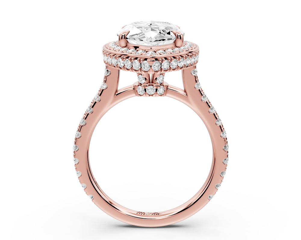 Beatrice - 4ct 14k rose gold marquise stone in rollover halo with diamond bridge and pavé engagement ring - Mr. Alex Jewelry