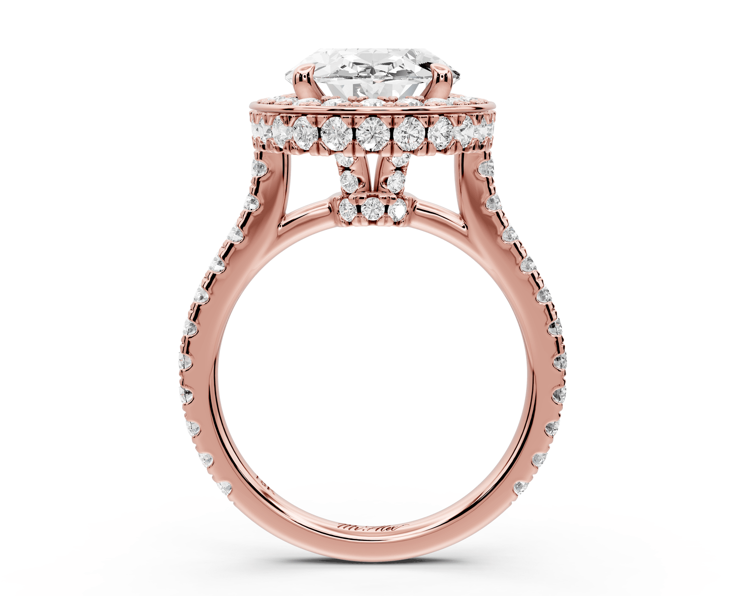 Beatrice - 4ct 14k rose gold oval stone in rollover halo with diamond bridge and pavé engagement ring - Mr. Alex Jewelry