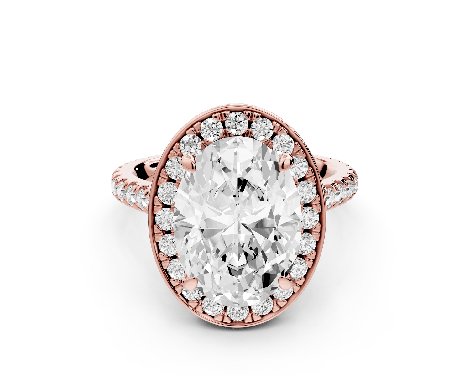Beatrice - 4ct 14k rose gold oval stone in rollover halo with diamond bridge and pavé engagement ring - Mr. Alex Jewelry