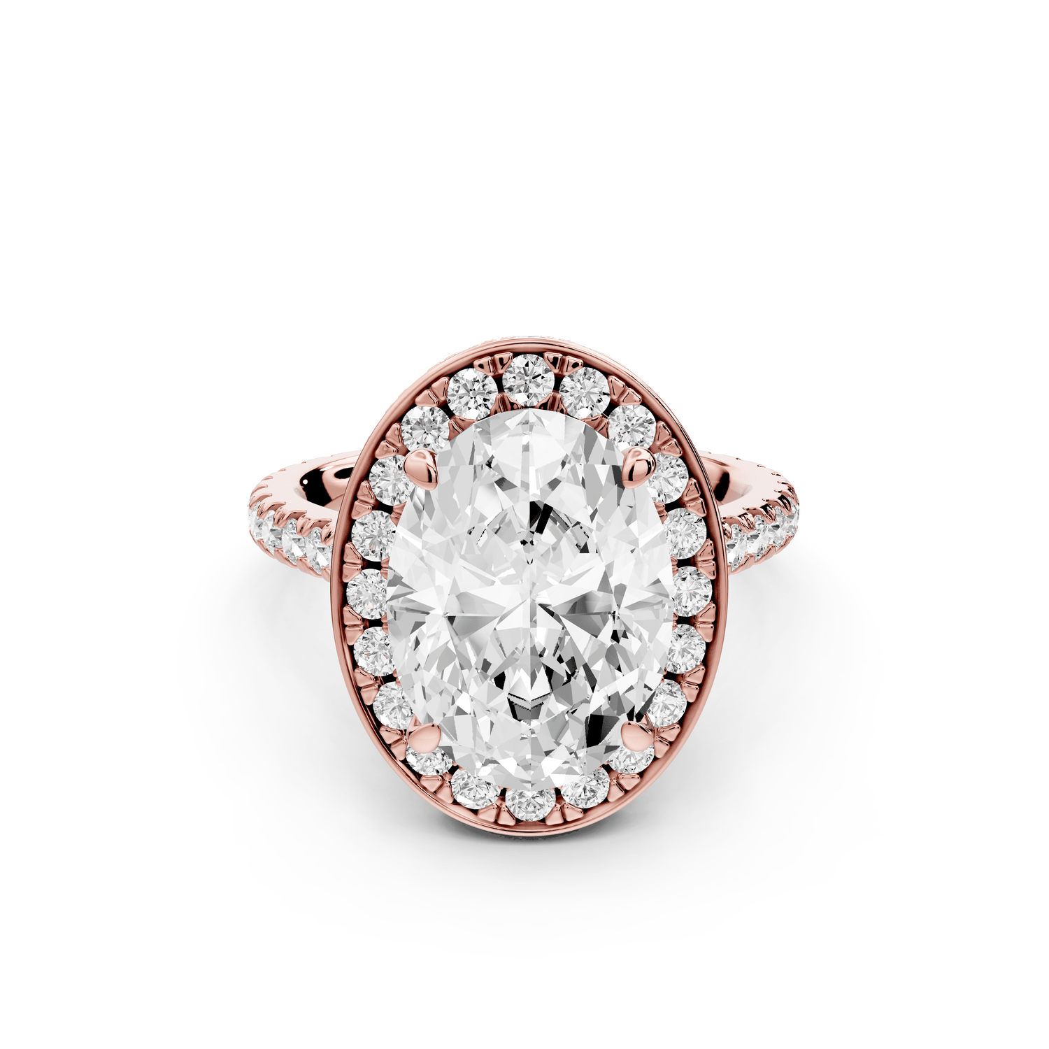 Beatrice - 4ct 14k rose gold oval stone in rollover halo with diamond bridge and pavé engagement ring - Mr. Alex Jewelry