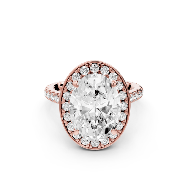 Beatrice - 4ct 14k rose gold oval stone in rollover halo with diamond bridge and pavé engagement ring - Mr. Alex Jewelry