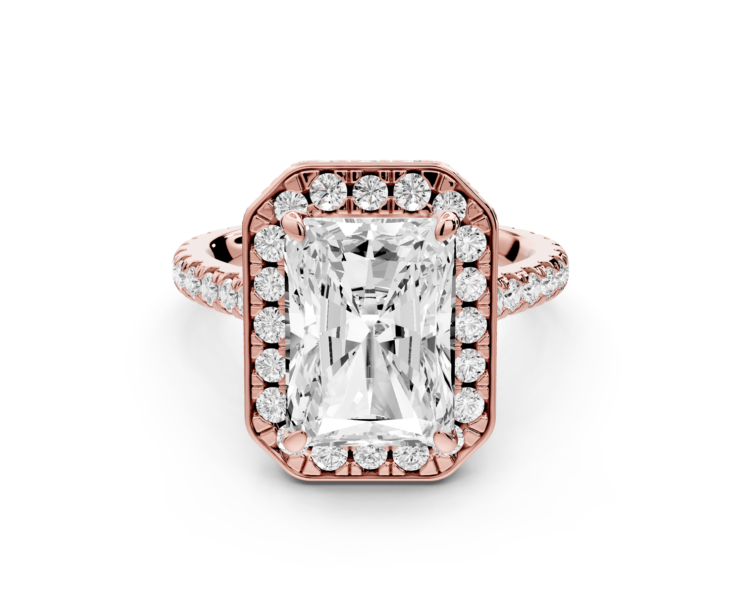 Beatrice - 4ct 14k rose gold radiant stone in rollover halo with diamond bridge and pavé engagement ring - Mr. Alex Jewelry