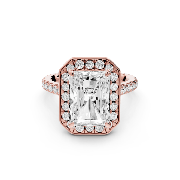Beatrice - 4ct 14k rose gold radiant stone in rollover halo with diamond bridge and pavé engagement ring - Mr. Alex Jewelry