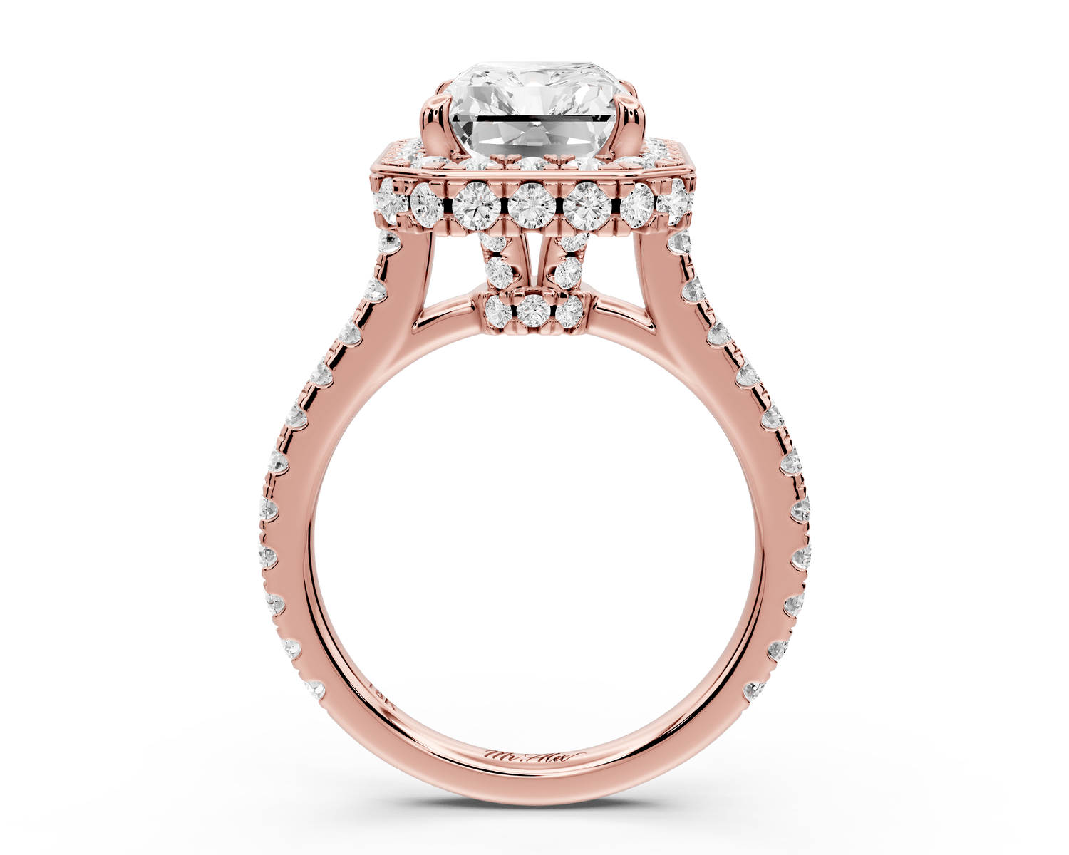 Beatrice - 4ct 14k rose gold radiant stone in rollover halo with diamond bridge and pavé engagement ring - Mr. Alex Jewelry