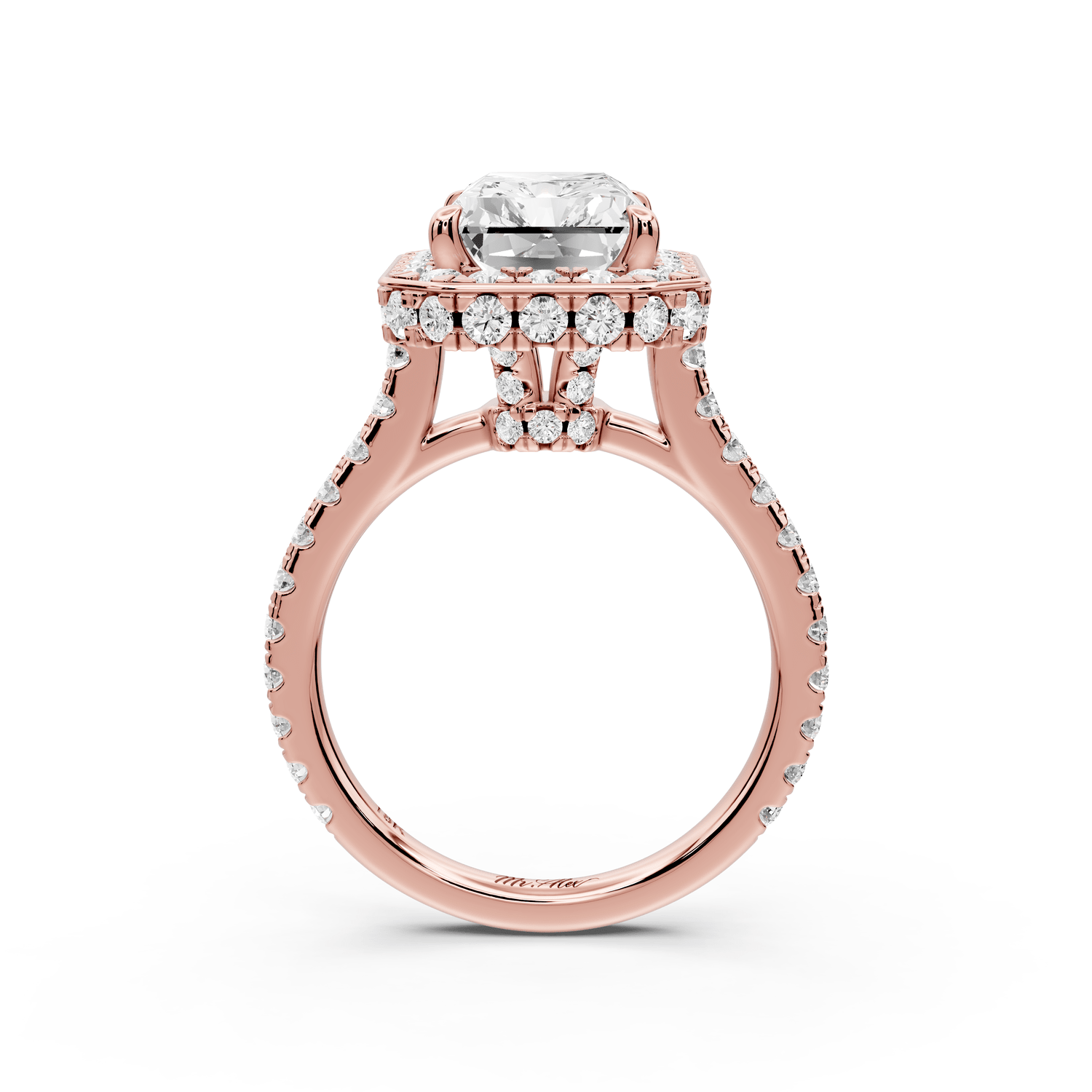 Beatrice - 4ct 14k rose gold radiant stone in rollover halo with diamond bridge and pavé engagement ring - Mr. Alex Jewelry