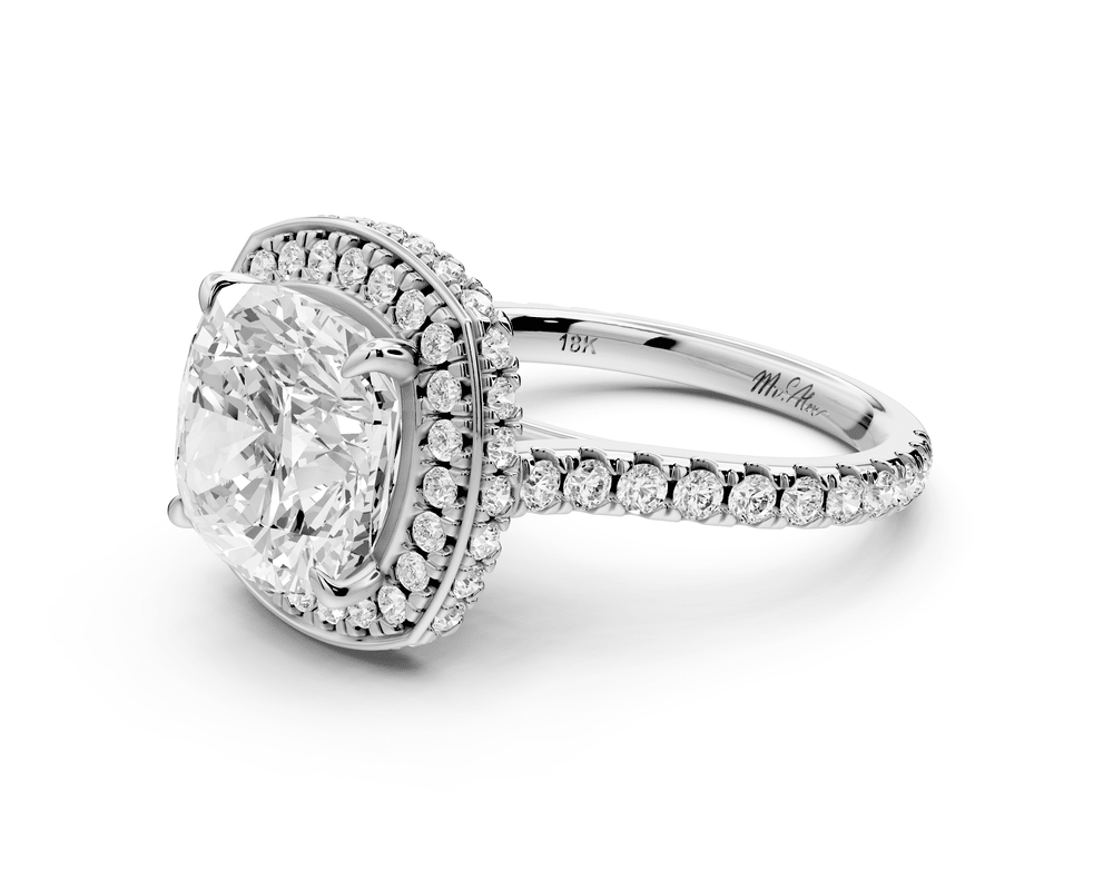 Beatrice - 4ct 14k white gold cushion stone in rollover halo with diamond bridge and pavé engagement ring - Mr. Alex Jewelry