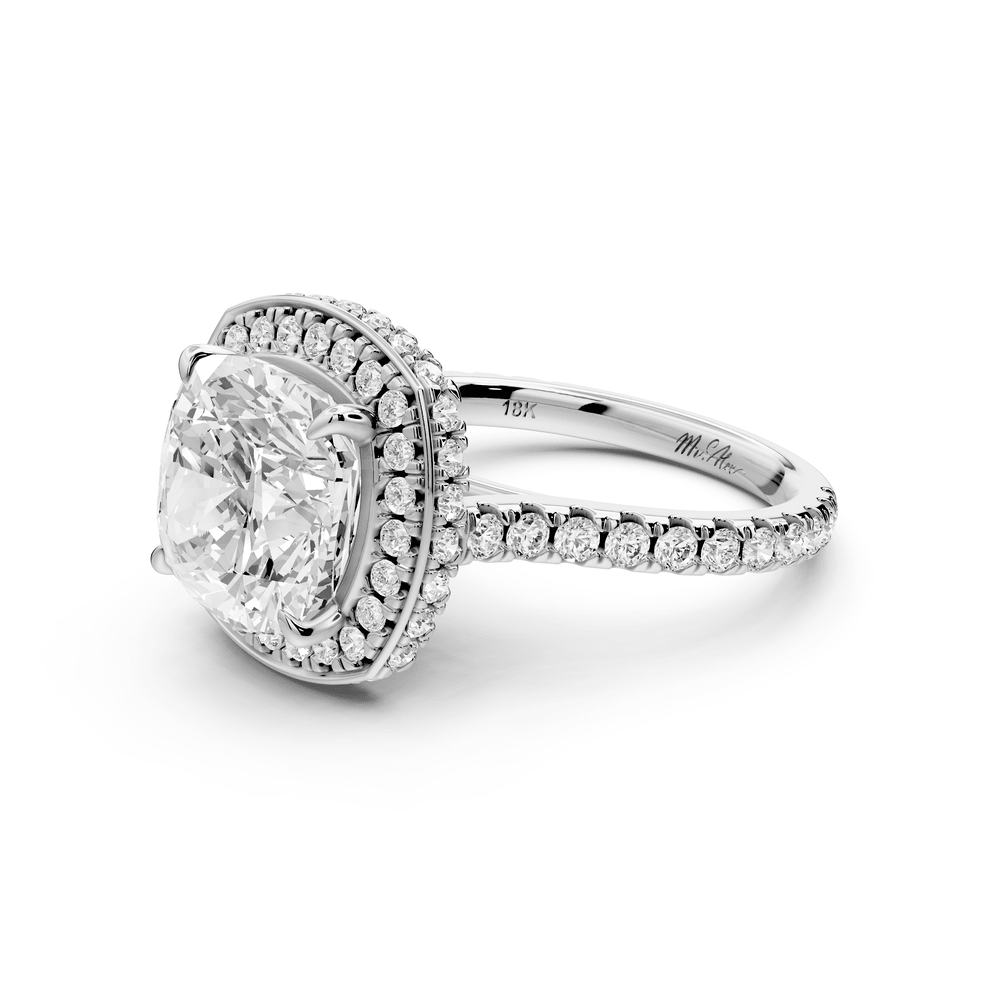 Beatrice - 4ct 14k white gold cushion stone in rollover halo with diamond bridge and pavé engagement ring - Mr. Alex Jewelry