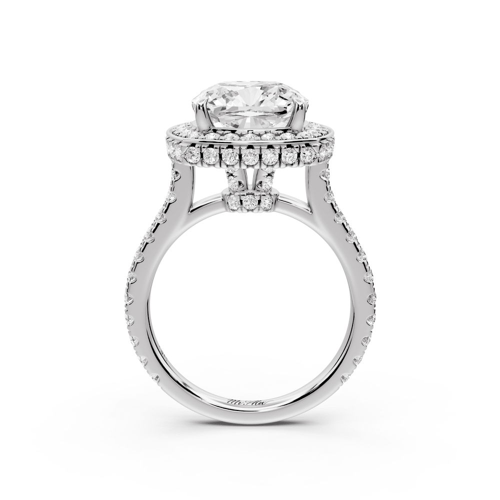 Beatrice - 4ct 14k white gold cushion stone in rollover halo with diamond bridge and pavé engagement ring - Mr. Alex Jewelry