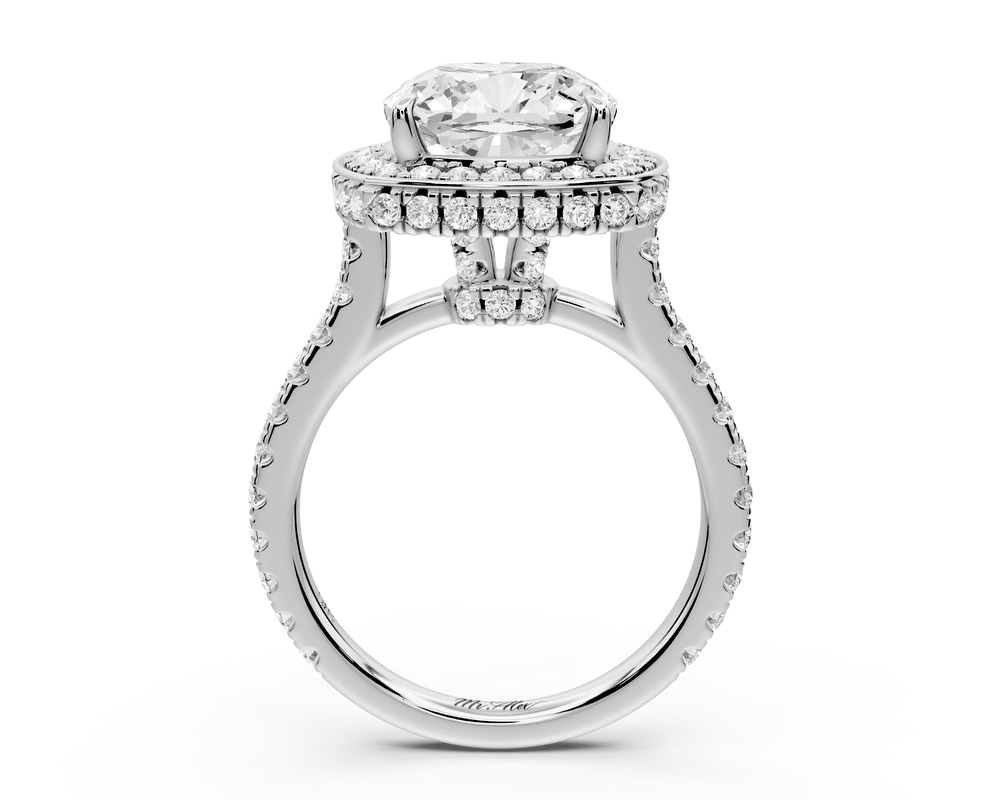 Beatrice - 4ct 14k white gold cushion stone in rollover halo with diamond bridge and pavé engagement ring - Mr. Alex Jewelry