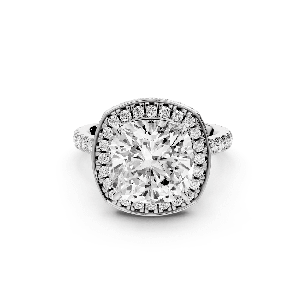 Beatrice - 4ct 14k white gold cushion stone in rollover halo with diamond bridge and pavé engagement ring - Mr. Alex Jewelry