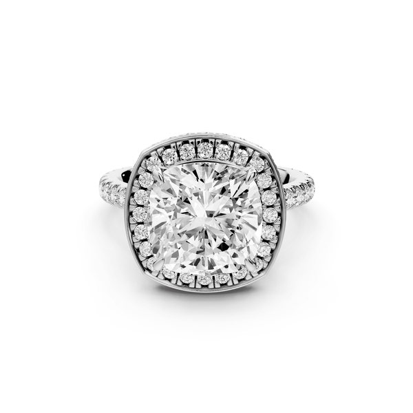 Beatrice - 4ct 14k white gold cushion stone in rollover halo with diamond bridge and pavé engagement ring - Mr. Alex Jewelry